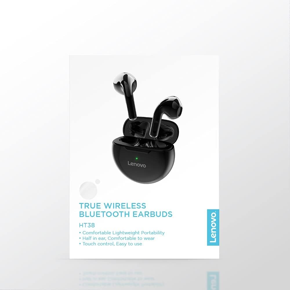 Lenovo LivePods HT38 TWS Wireless Bluetooth Headphones, Mini Headphones, 9D Stereo Touch Control, with Microphone, 30 Hours Playtime - Black