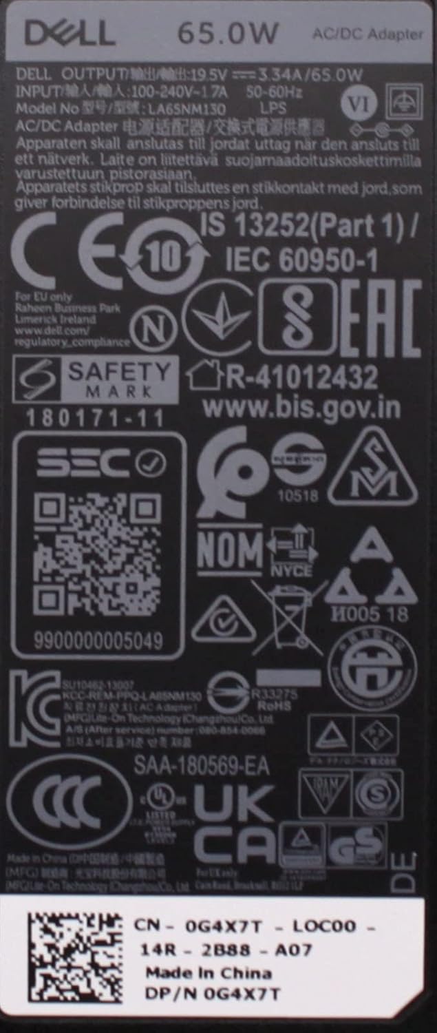 Genuine Dell 65W 19.5V, 3.34A, Adapter Charger + Cord - For Dell Laptops