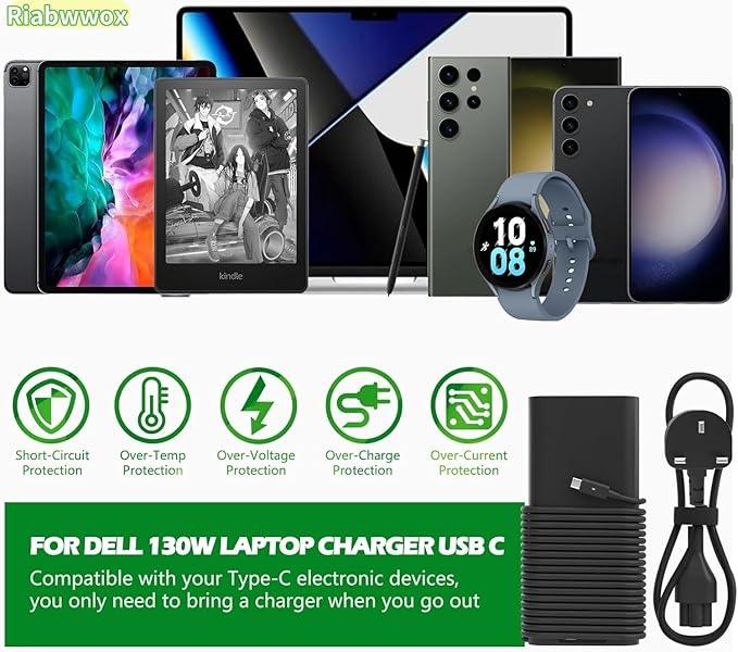 130W USB C Laptop Charger Compatible With Dell XPS 15 9500 9510 9520 9530 9575 2in1,XPS 17 9700 9710 9720 9730,Precision 5560 5570 5530 5550 5750 5760 5770 3560,Latitude,Type C Power Adapter