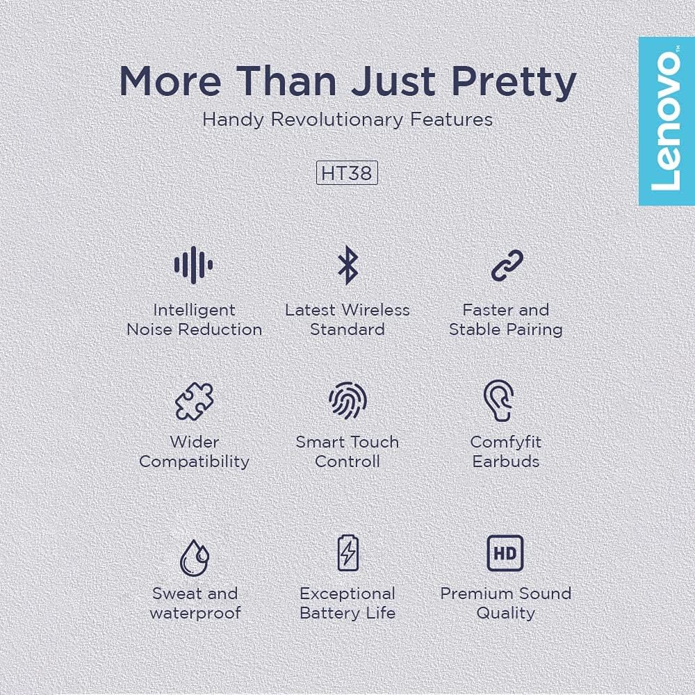 Lenovo LivePods HT38 TWS Wireless Bluetooth Headphones, Mini Headphones, 9D Stereo Touch Control, with Microphone, 30 Hours Playtime - Black