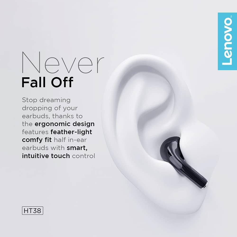 Lenovo LivePods HT38 TWS Wireless Bluetooth Headphones, Mini Headphones, 9D Stereo Touch Control, with Microphone, 30 Hours Playtime - Black