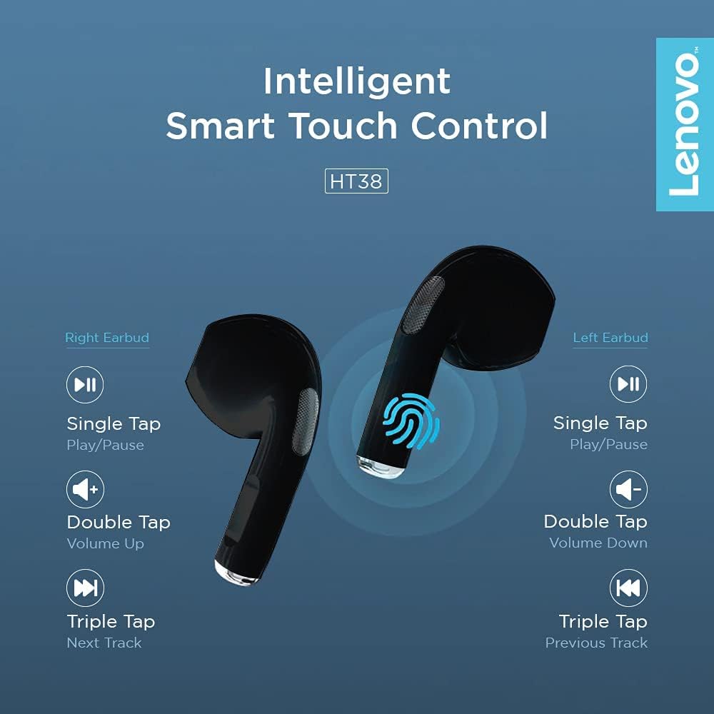 Lenovo LivePods HT38 TWS Wireless Bluetooth Headphones, Mini Headphones, 9D Stereo Touch Control, with Microphone, 30 Hours Playtime - Black